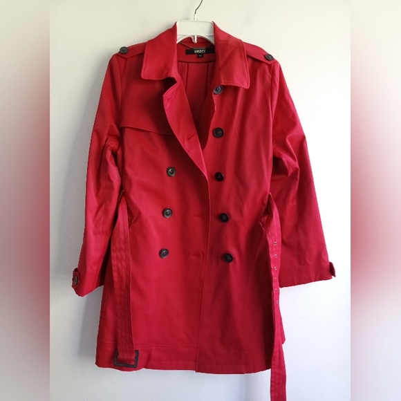 DKNY Women Red Button Down w/Belted Tie Rain/Trench Midi Coat size XL - Picture 3 of 12